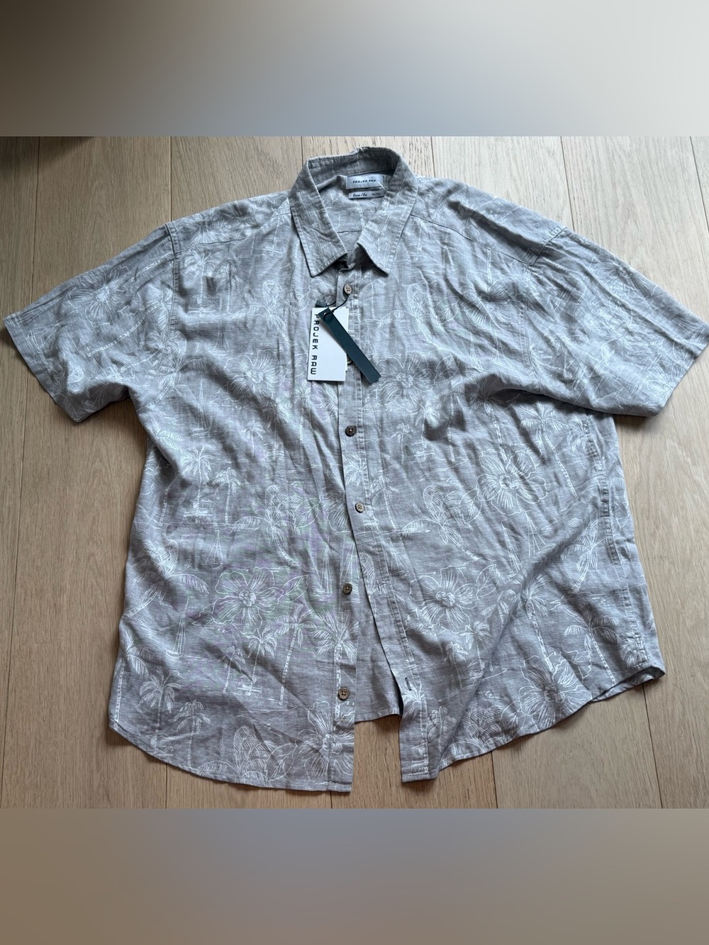 Projek Raw Men’s Linen Blend Tropical Hawaiian Shirt XXL Grey Floral Vacation